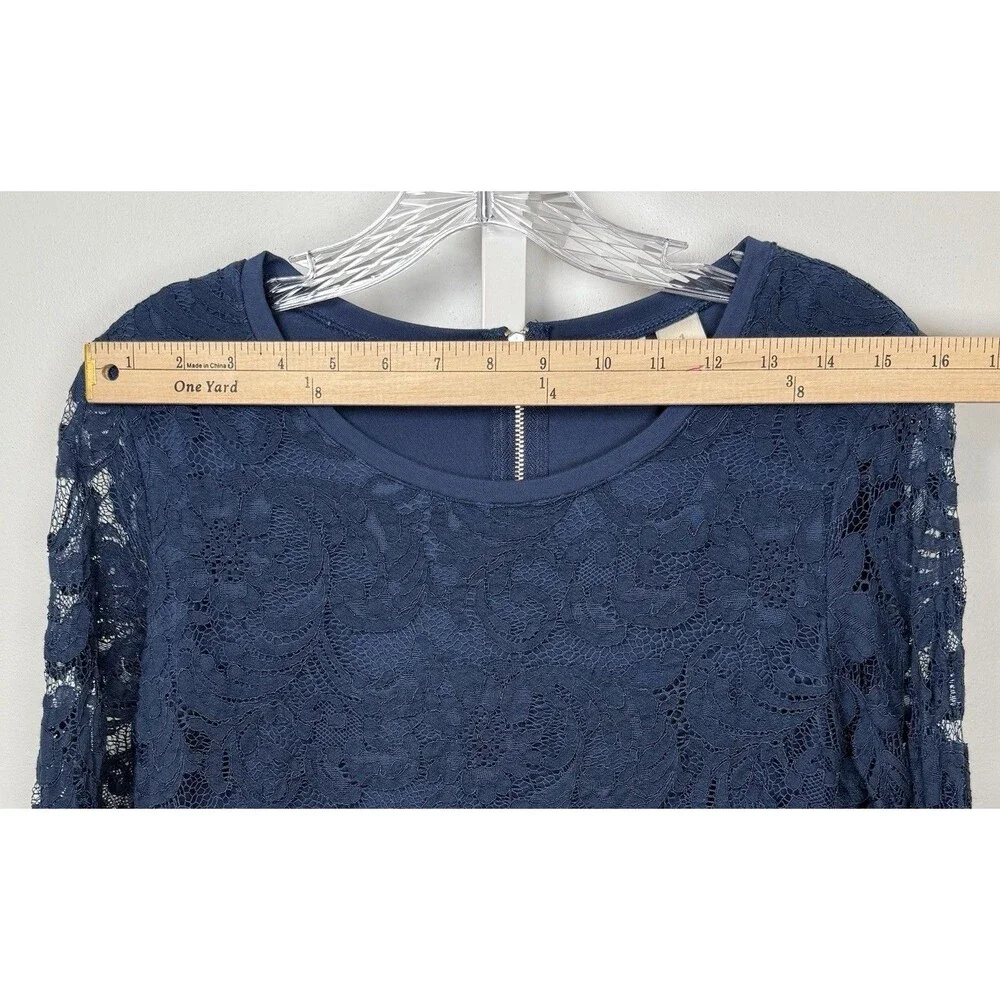 Chico’s Blue Lace Long Sleeve Top Back Zip Sheer Sleeves Women’s Size 1 US M